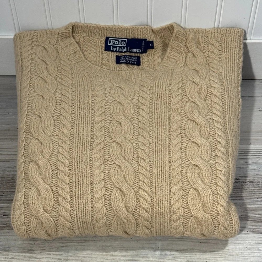 VTG Polo Ralph Lauren Fisherman Hand Knit Camel Hair Cashmere‎ Long Sleeve XL